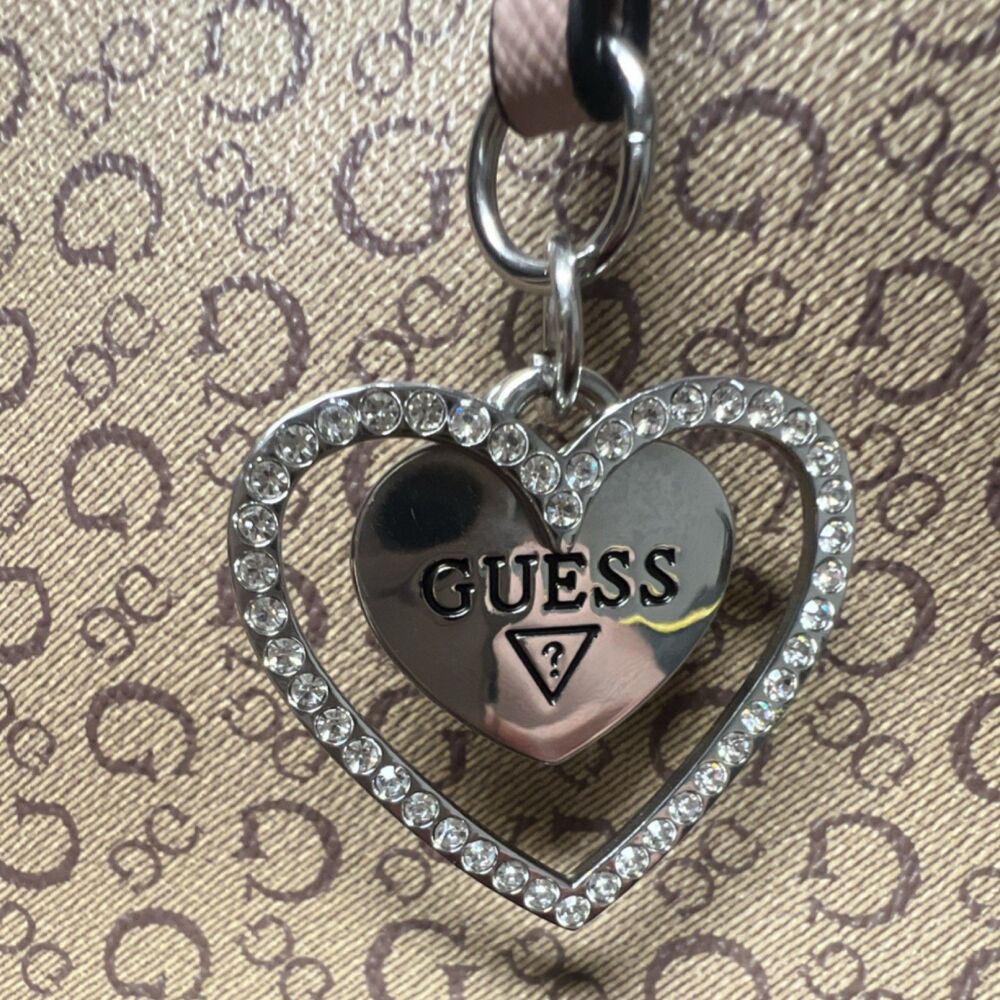 GUESS Logo Beige Heart Charm Tote Bag Zip Women's Double Handle Trapezoid - Picture 5 of 16